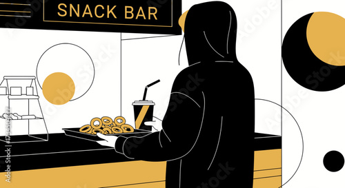 Hooded Figure at Snack Bar Holding Tray of Pastries Minimalist Style Illustration