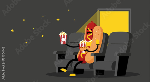 Humorous Illustration of a Hot Dog Character Enjoying Popcorn at the Movie Theater