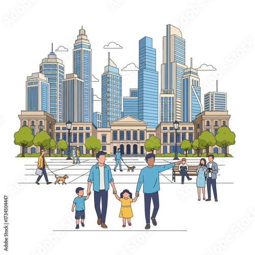 City park scene with same-sex parents walking with children, skyscrapers in the background