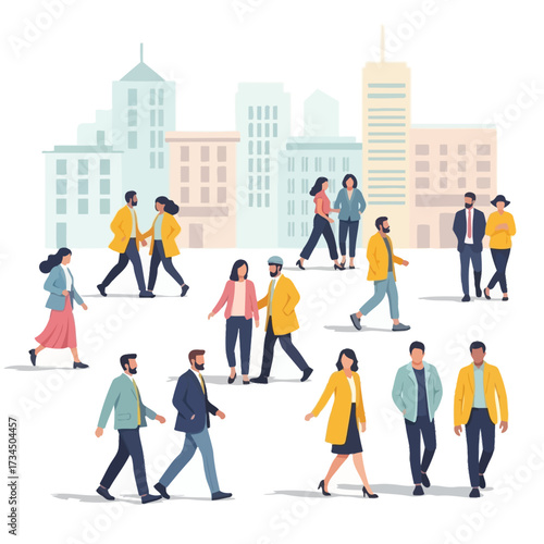 Diverse group of urban pedestrians walking and interacting in a bustling city environment, showcasing modern metropolitan life and daily routines