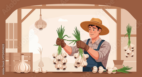 Illustrated farmer holding bunches of fresh garlic inside a barn harvesting garlic