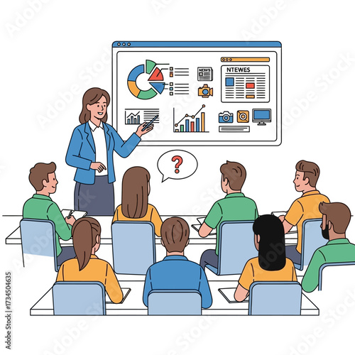 Curious multi-ethnic kids sharing ideas and thoughts in a collaborative learning environment illustration