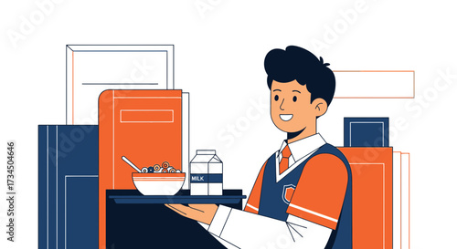 Illustrated schoolboy in uniform holding a tray with breakfast before studying books