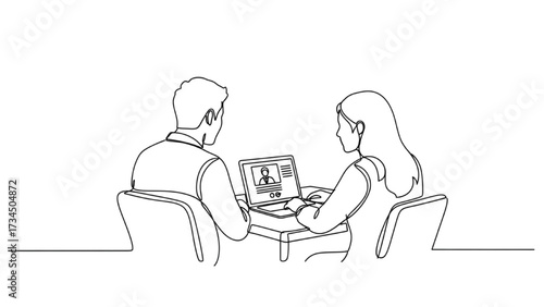 Black Continuous One Line Drawing of Two People at Desk with Laptop on Video Call, Minimalist Vector Illustration