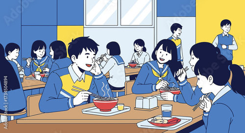 Illustration depicting high school students enjoying lunch in a vibrant cafeteria scene