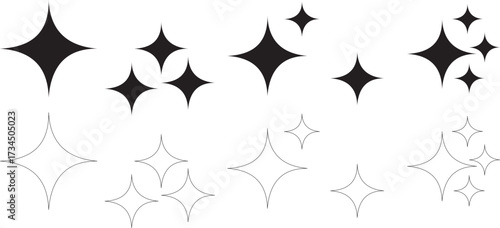 sparkle star icon set. simple star burst symbol. Set of Y2K bling retro elements and abstract brutalism shapes