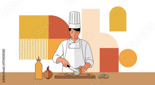 Illustration of a chef in uniform slicing onions on a cutting board with geometric shapes
