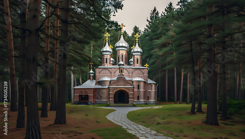 Beautiful ancient orthodox church illuminated at dusk with snowcovered ground and starry sky	