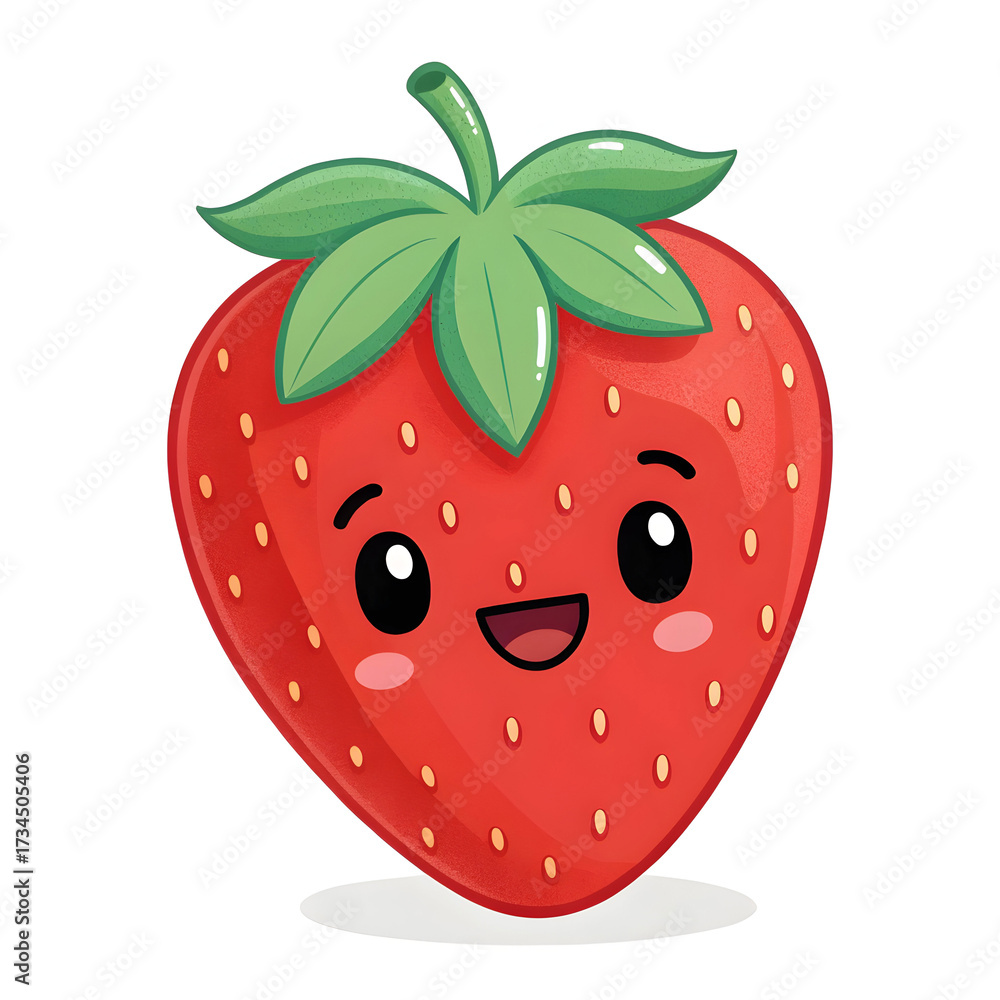 Obraz premium Strawberry fruit emoji isolated on white background featuring bright red ripe strawberry with green leaves and detailed