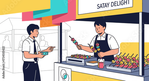 Illustration of a customer buying satay skewers from a street food vendor at a market showcasing