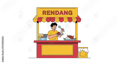 Illustration of a food vendor preparing Rendang at a street food stall with a vibrant design