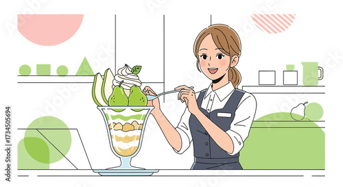 Illustration of a friendly waitress serving a fresh and delicious pear parfait dessert