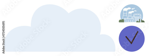 Large cloud illustration, industrial factory emitting smoke, and a checklist with a tick. Ideal for sustainability, climate change, environment, energy, pollution control, responsible action