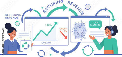 SaaS Subscription Model Customer Retention Vector Illustration. Wide Landscape Marketing Team Analyzing Churn