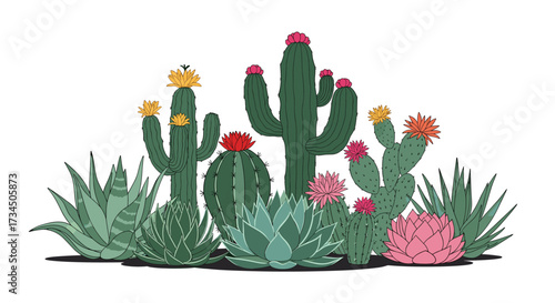 A vibrant desert landscape showcasing a variety of blooming cacti and succulents.
