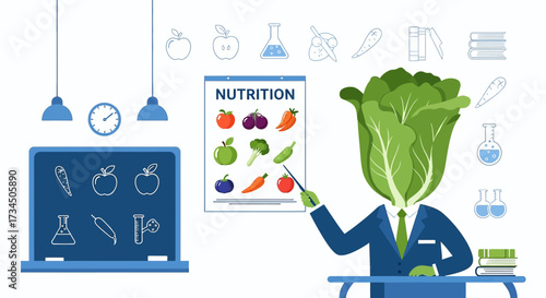Illustration of a Lettuce Head Teacher Explaining Nutrition with Fruits and Vegetables