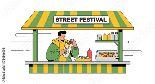 Illustration of a man enjoying a kebab at a vibrant street food festival stall