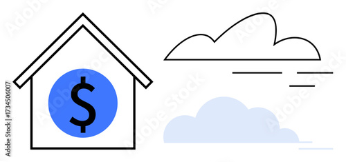 House outline with a blue dollar sign and minimal clouds. Ideal for financial security, savings, investment, real estate, economic growth, homeownership, future dreams. Simple flat metaphor