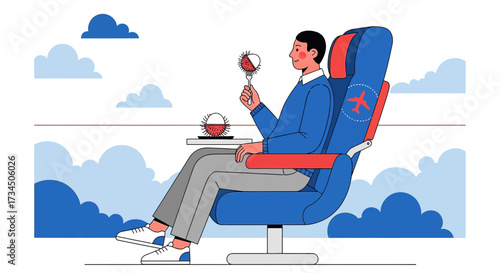 Illustration of a man enjoying a rambutan snack while flying in an airplane with clouds background