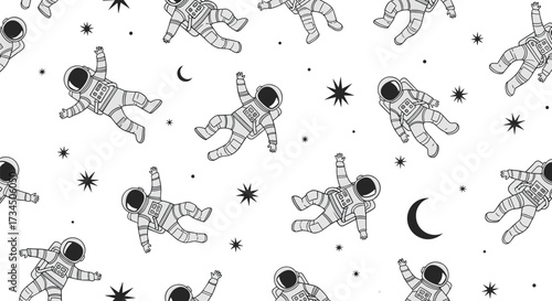 A whimsical repeating pattern of astronauts floating among stars and crescent moons.