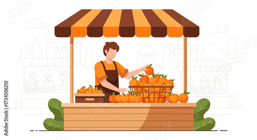 Illustration of a man selling fresh oranges at an outdoor market stall vector design