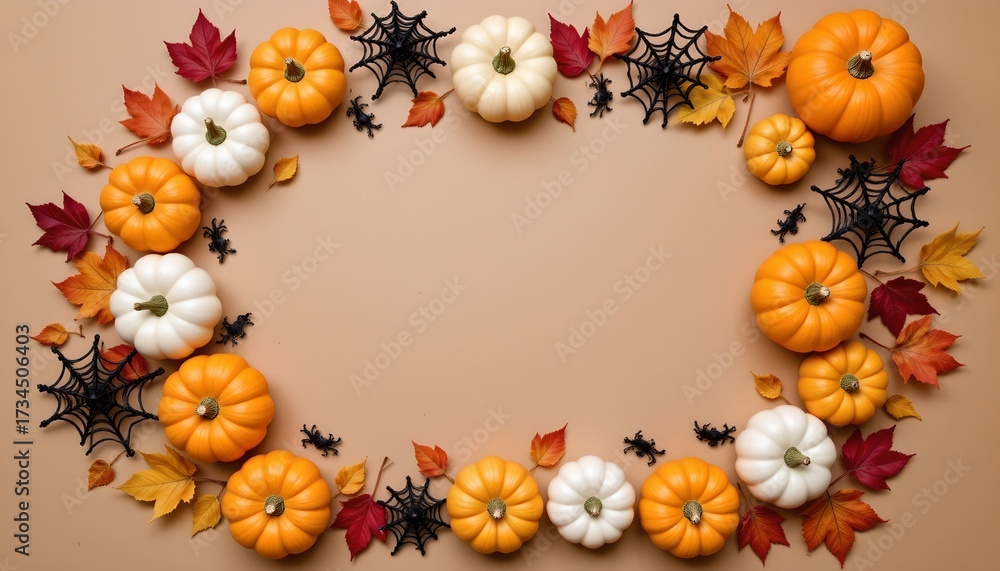 Fototapeta premium Autumn Pumpkin and Leaf Arrangement with Spider Webs