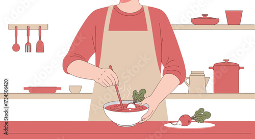 Illustration of a person preparing beetroot soup in a kitchen with cooking utensils and pots on