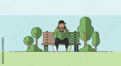 Illustration of a person enjoying a burger on a park bench amidst nature serene scene