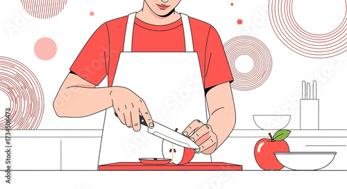 Illustration of a person wearing an apron while slicing an apple in the kitchen