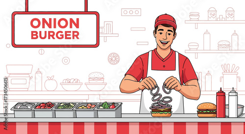 Illustration of a smiling chef preparing a delicious onion burger in a restaurant kitchen scene