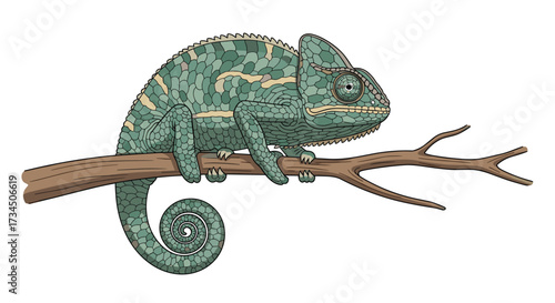 A camouflaged reptile clings to a brown branch, displaying its unique ability to blend in.