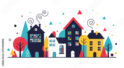 Colorful whimsical houses and trees illustration representing a vibrant neighborhood community.