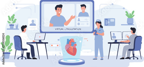 Telemedicine Virtual Doctor Visit Vector Illustration. Wide Landscape Digital Health Clinic