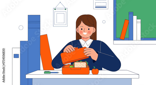 Illustration of a smiling woman with a lunchbox in a study or office environment ready for a meal
