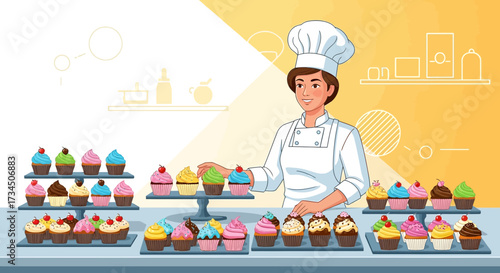 Illustration of a smiling pastry chef showcasing an array of colorful and delicious cupcakes