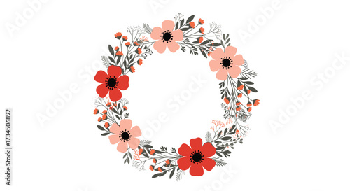 A delicate wreath of vibrant red and soft pink flowers adorned with tiny berries and leaves.