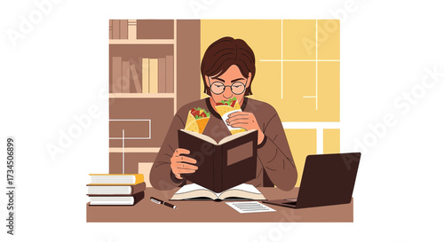 Illustration of a student eating a burrito while studying at his desk with books and a laptop