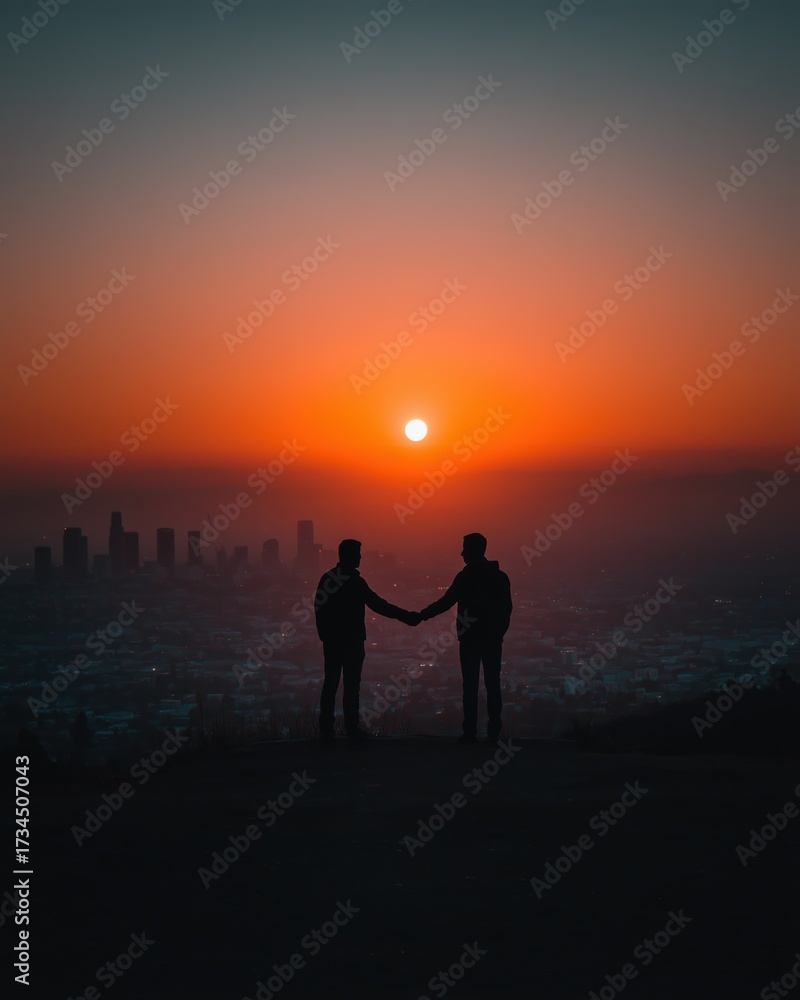 Fototapeta premium Romantic couple silhouette holding hands in vibrant sunset city view.