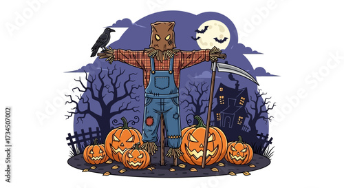 Spooky scarecrow guards the pumpkin patch on Halloween night under the full moon with bats, perfect for festive invitations and spooky season projects