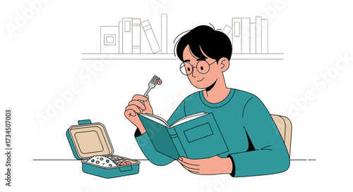 Illustration of a student enjoying lunch and reading a book with a bookshelf behind him