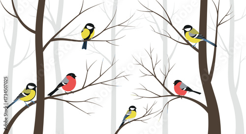 A beautiful illustration of small birds perched on bare branches during winter season.