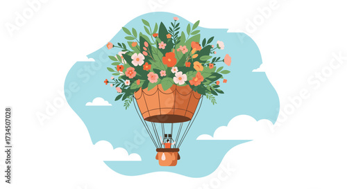 A whimsical basket overflowing with colorful blooming flowers travels high in the sky.
