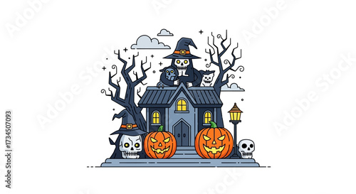 Spooky Halloween haunted house with grinning pumpkins and skeletons in witch hats for festive fall celebrations and seasonal decorations