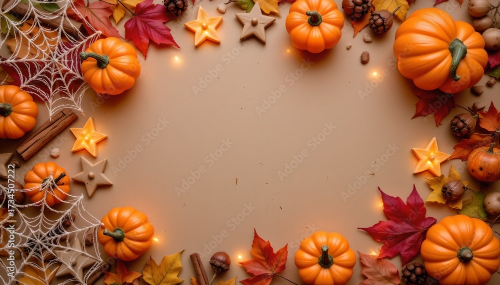 Obraz premium Festive Autumn Border with Pumpkins Leaves and Candles