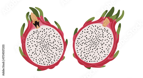 Vibrant dragon fruit halves revealing speckled seeds and delicate flesh.