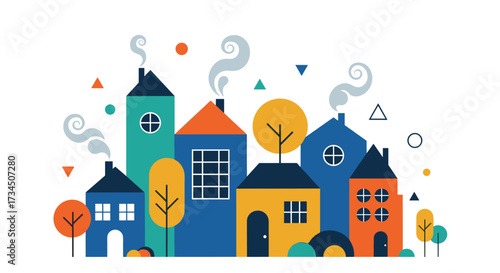 Colorful houses with smoke coming out of chimneys in a vibrant geometric neighborhood setting.