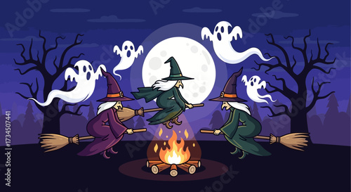 Spooky Halloween night with three witches flying on brooms around a campfire under the moonlight as ghosts float about in the night sky