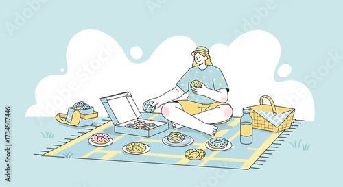 Illustration of a woman enjoying a picnic with donuts on a blanket in a park setting