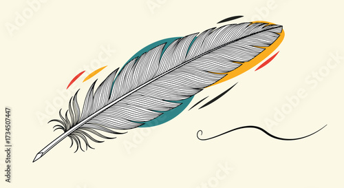 A detailed illustration of a single feather drifting gently on a soft breeze with a backdrop of warm colors and swirling abstract lines.