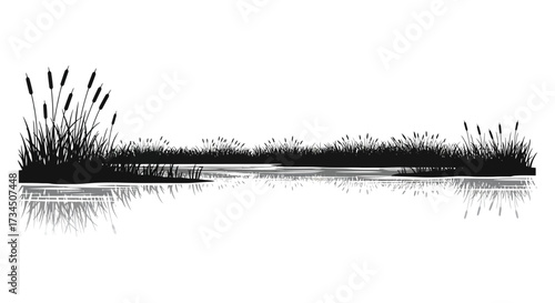 Tranquil wetland scene with reeds and water reflection a striking silhouette